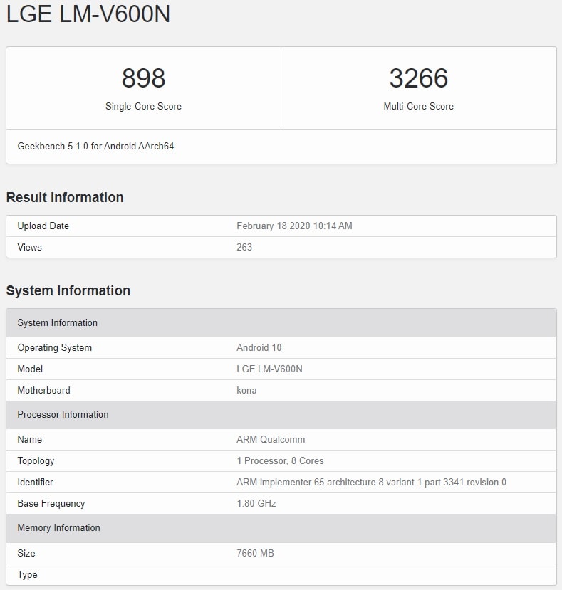 Características de hardware del LG V60 ThinQ expuestas por Geekbench.
