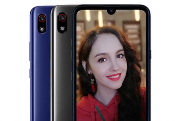 Render promocional del LG W10 Alpha en colores gris y azul.