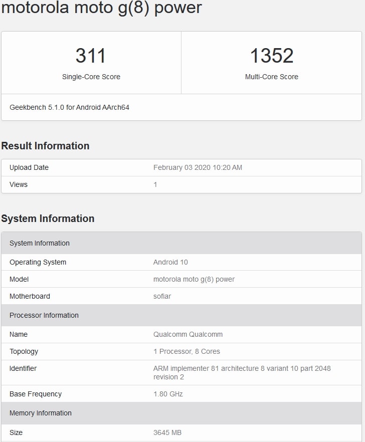 Detalles del Motorola Moto G8 Power según Geekbench 5.0.
