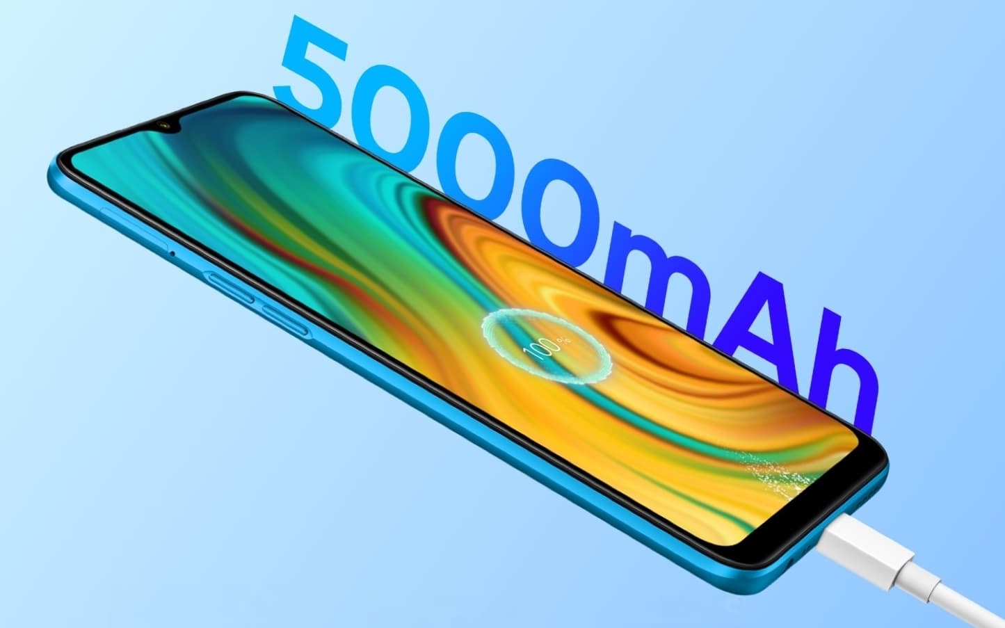 Render oficial del frente del Realme C3 color Frozen Blue.