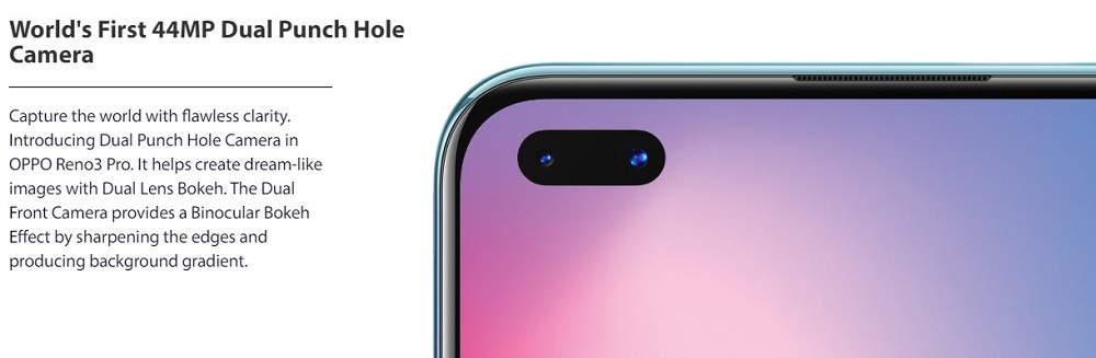 Render ilustrativo filtrado del OPPO Reno 3 Pro con cámara frontal dual.