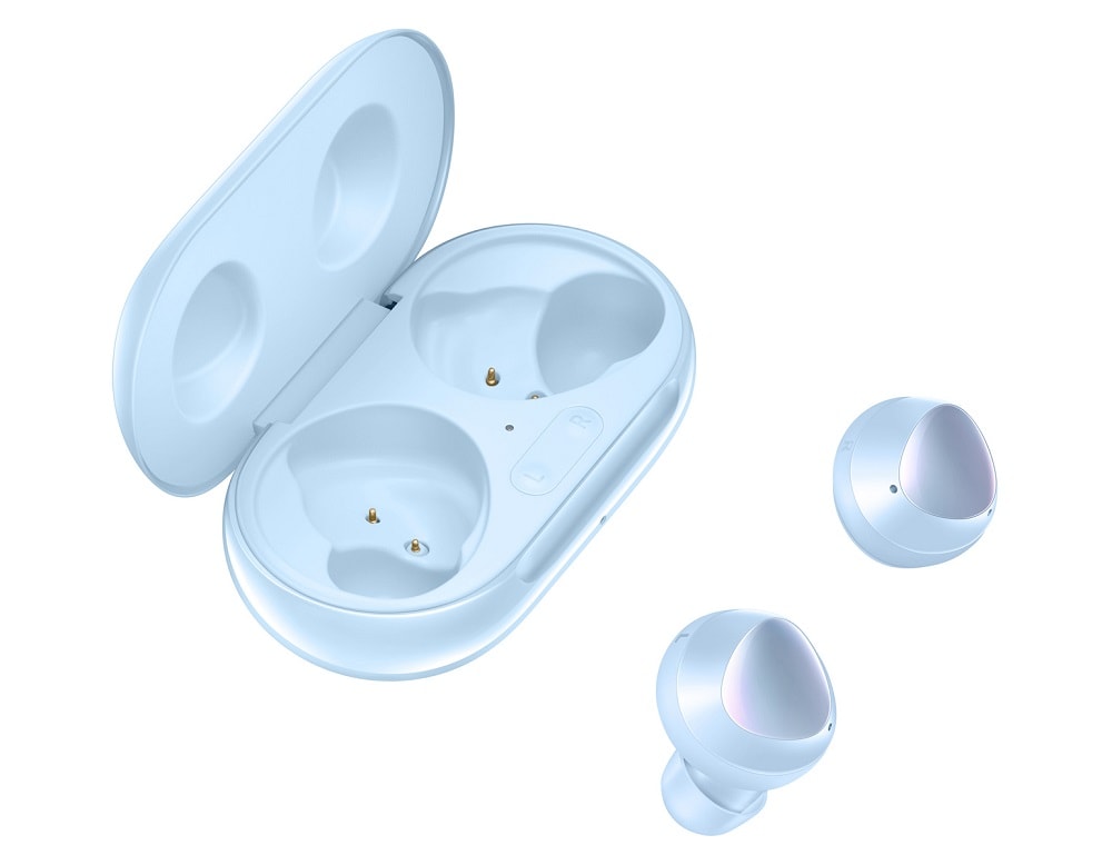 Render oficial de los Samsung Galaxy Buds+ color celeste con su respectivo estuche.