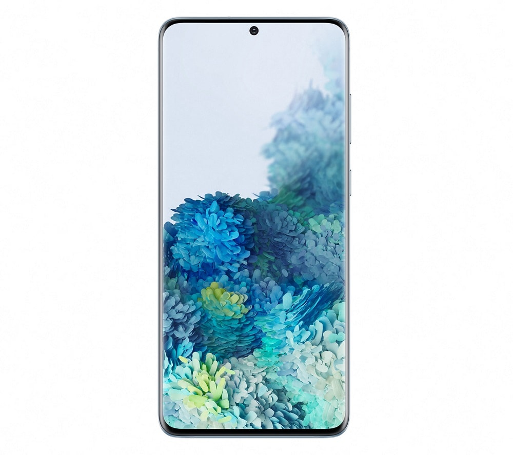 Render oficial del diseño frontal del Samsung Galaxy S20+ color Cloud Blue.