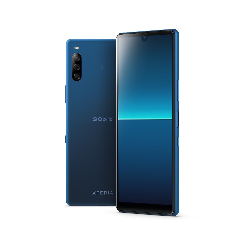 Render oficial del diseño frontal y dorsal del Sony Xperia L4 color azul.