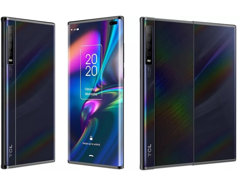 Render ilustrativo filtrado del diseño frontal y dorsal del smartphone flexible de TCL.