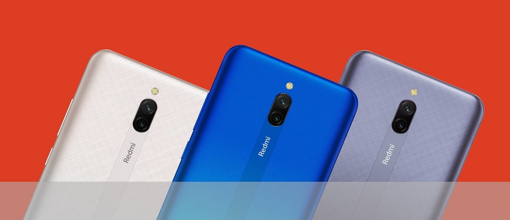 Render oficial del diseño posterior del Xiaomi Redmi 8A Dual en sus tres colores de partida.