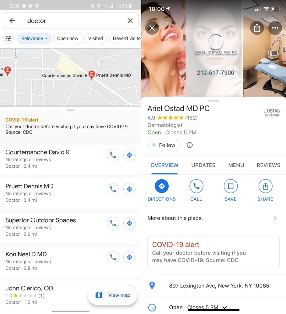 Captura de pantalla de las nuevas alertas de Google Maps frente a potenciales casos de COVID-19.