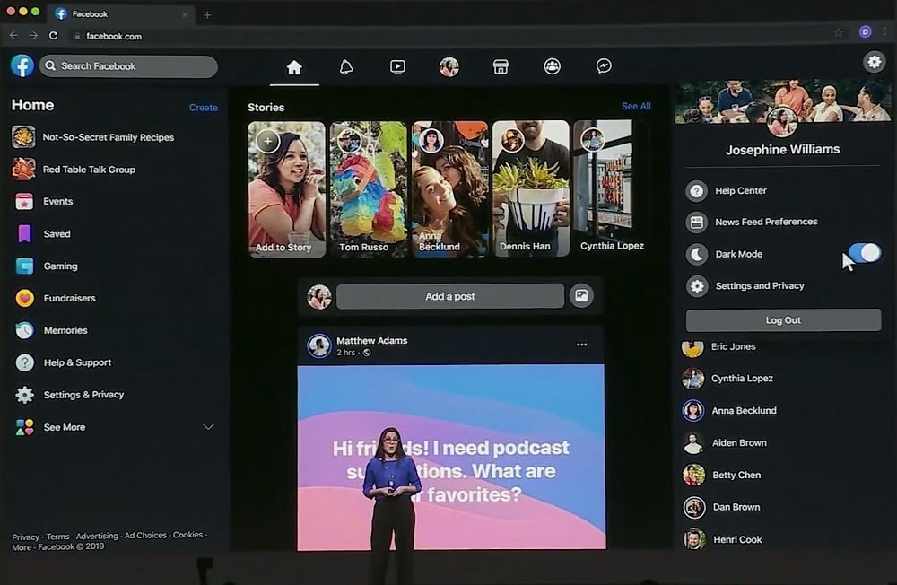 Captura de pantalla del nuevo diseño de Facebook con Modo Nocturno.