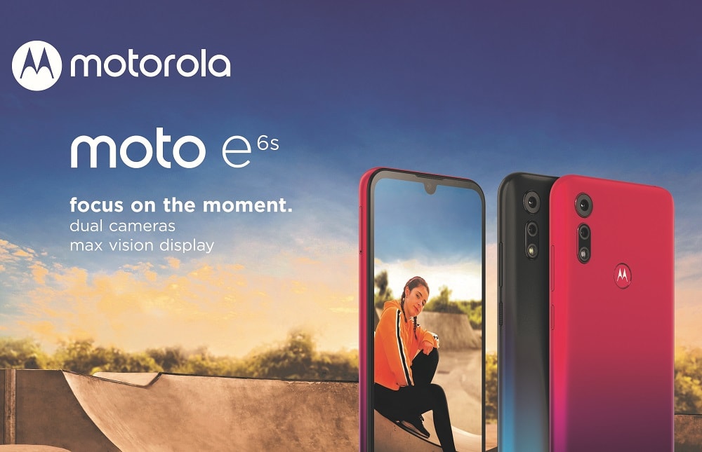 Render oficial del Motorola Moto E6s ilustrando su diseño y colores de partida.