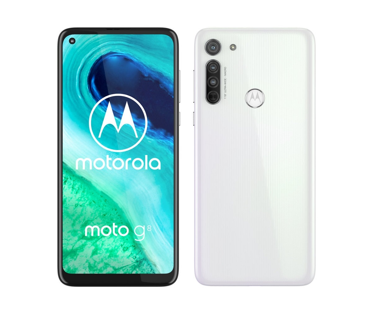 Render oficial del diseño frontal y dorsal del Motorola Moto G8.