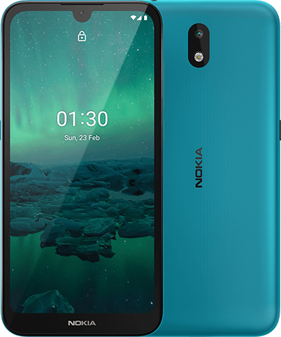 Render oficial del diseño frontal y dorsal del Nokia 1.3.