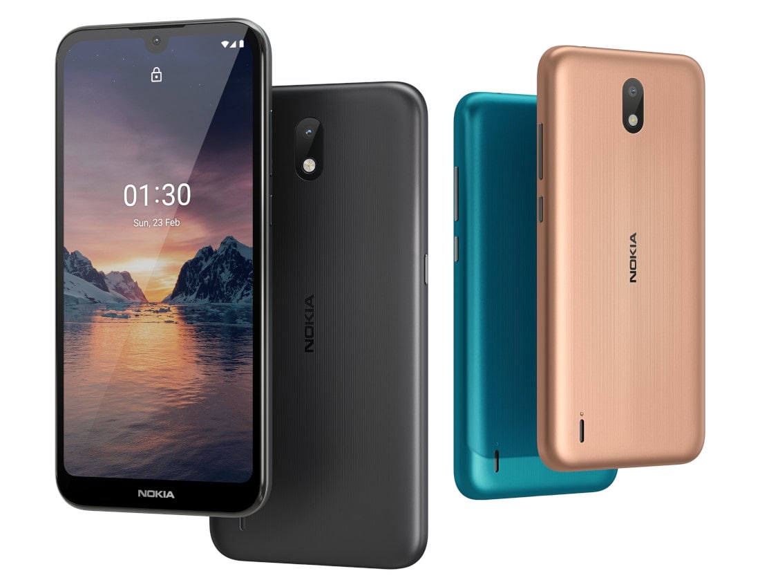 Render oficial del Nokia 1.3 en colores, negro, cian y arena.