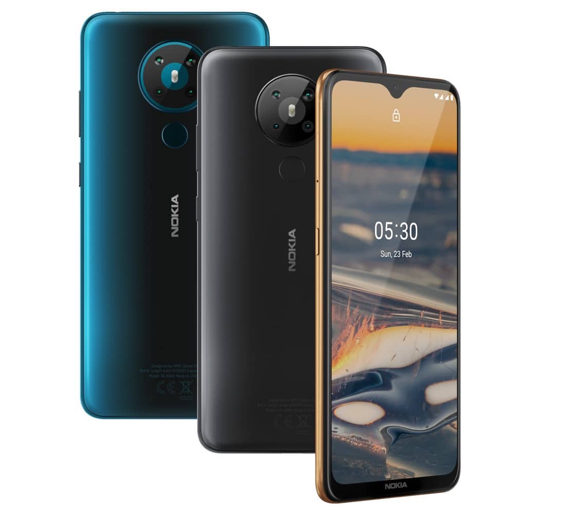 Render oficial del Nokia 5.3 en colores, negro, cian y arena.