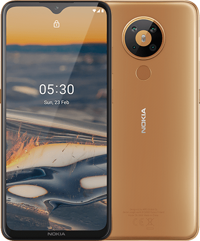 Render oficial del diseño frontal y dorsal del Nokia 5.3.