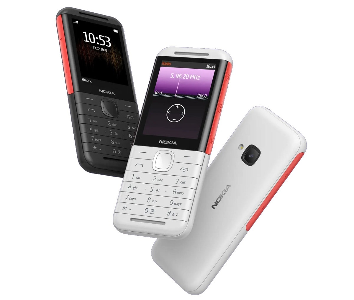 Render oficial del Nokia 5310 en colores negro y blanco con terminaciones coral.