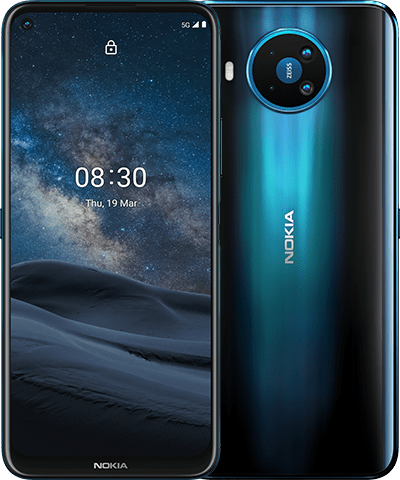Render oficial del diseño frontal y dorsal del Nokia 8.3 5G.