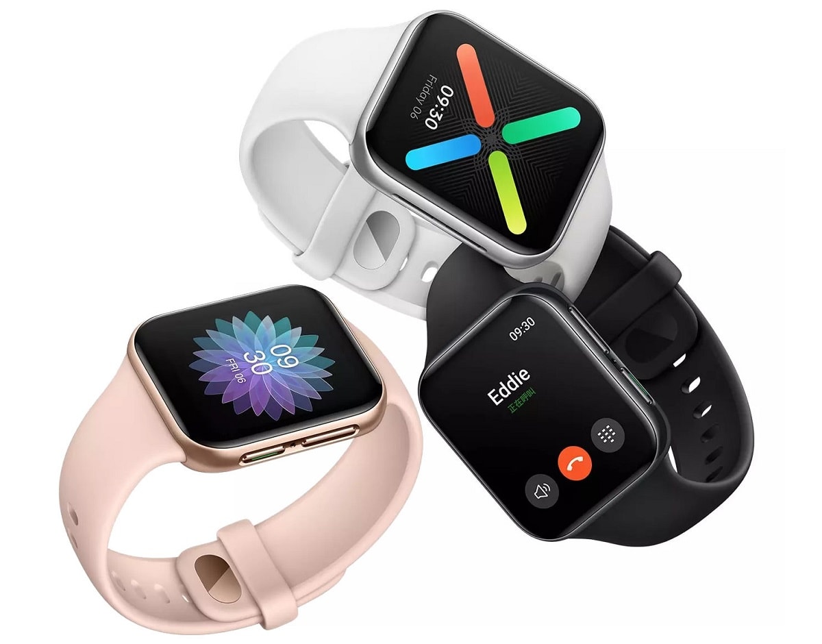 Render oficial del OPPO Watch mostrando su diseño en tres colores diferentes.