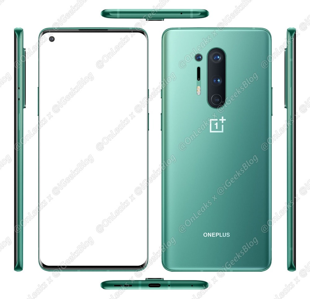 Render filtrado del diseño del OnePlus 8 Pro desde todos sus ángulos.