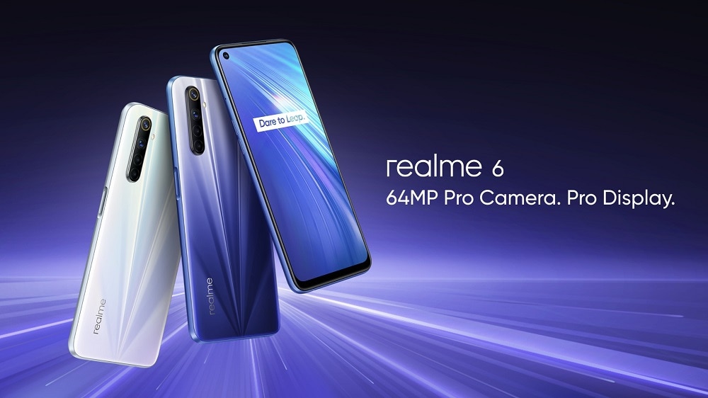 Render oficial del Realme 6 ilustrando su diseño frontal y dorsal.