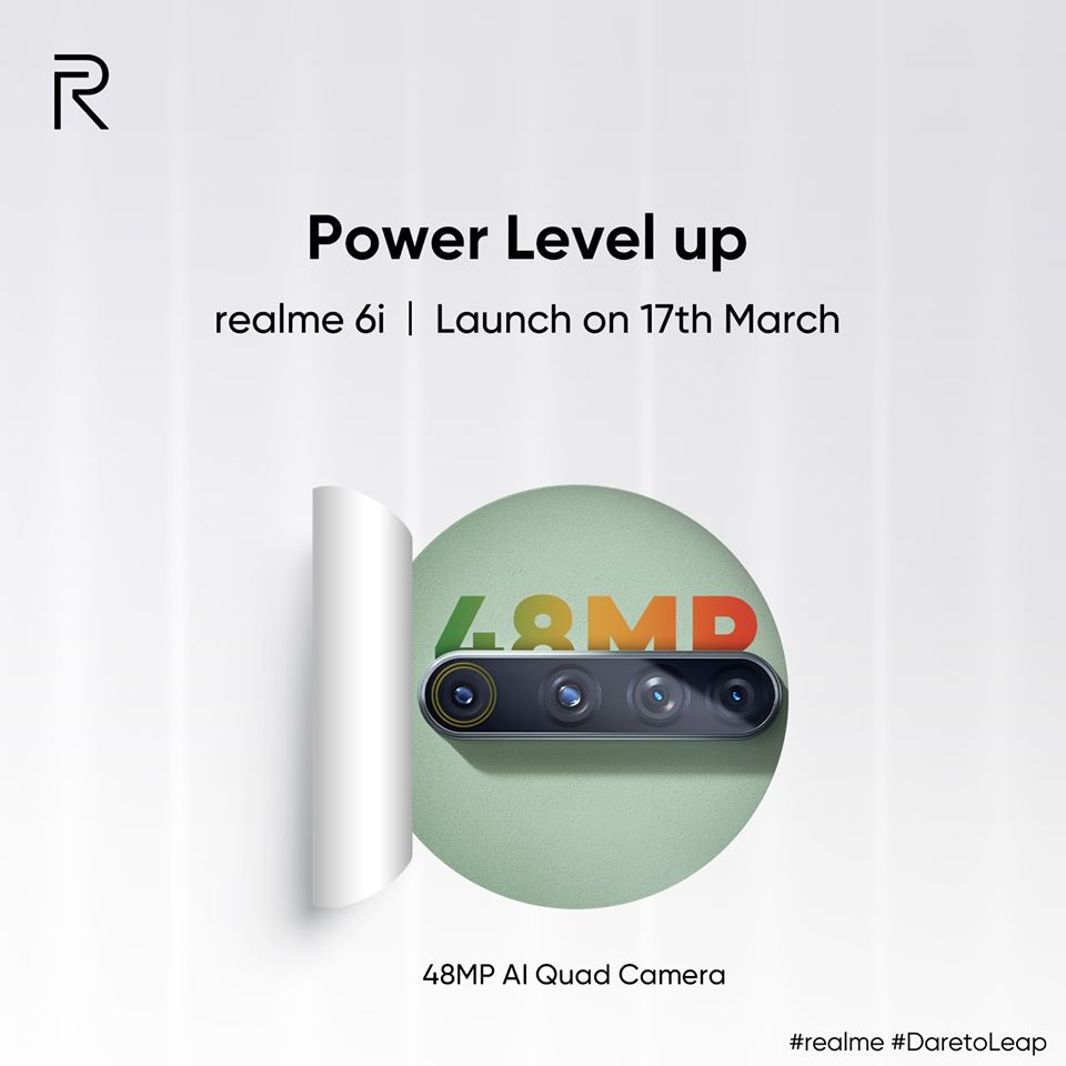 Póster oficial del Realme 6i revelando su cámara y fecha de anuncio.