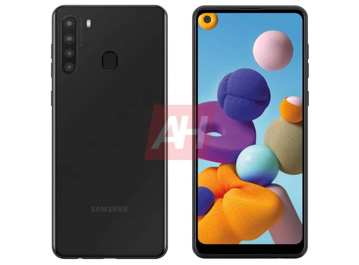Render filtrado del diseño frontal y dorsal del Samsung Galaxy A21.