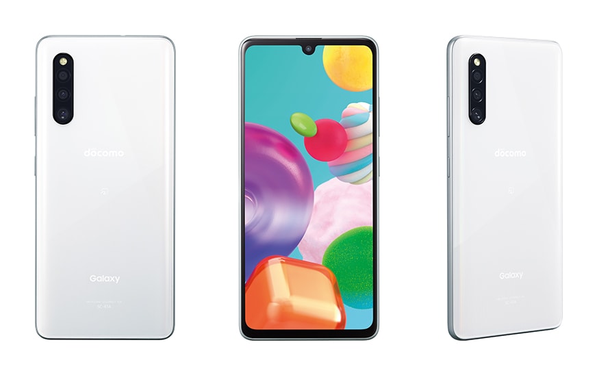 Render oficial del diseño frontal y dorsal del Samsung Galaxy A41 color blanco.