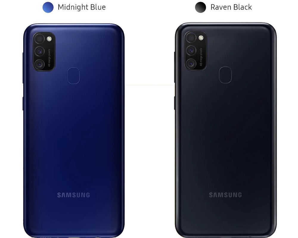 Render oficial del Samsung Galaxy M21 en colores Midnight Blue y Raven Black.