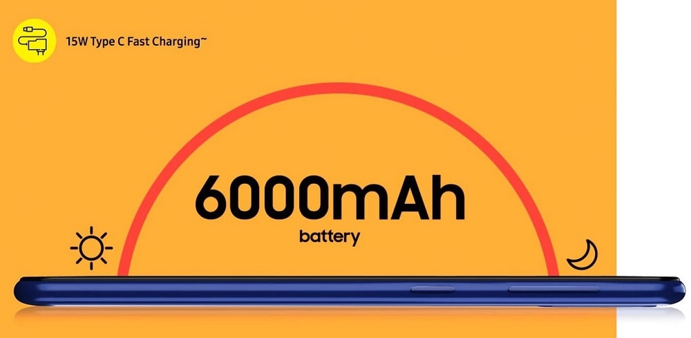 Render publicitario oficial del Samsung Galaxy M21 mencionando la capacidad de su batería.