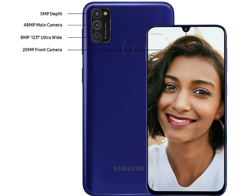 Render publicitario del Samsung Galaxy M21 ilustrando las características de su cámara dorsal.