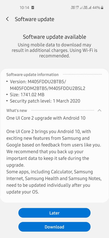 Captura de pantalla del detalle de actualización a Android 10 del Samsung Galaxy M40.