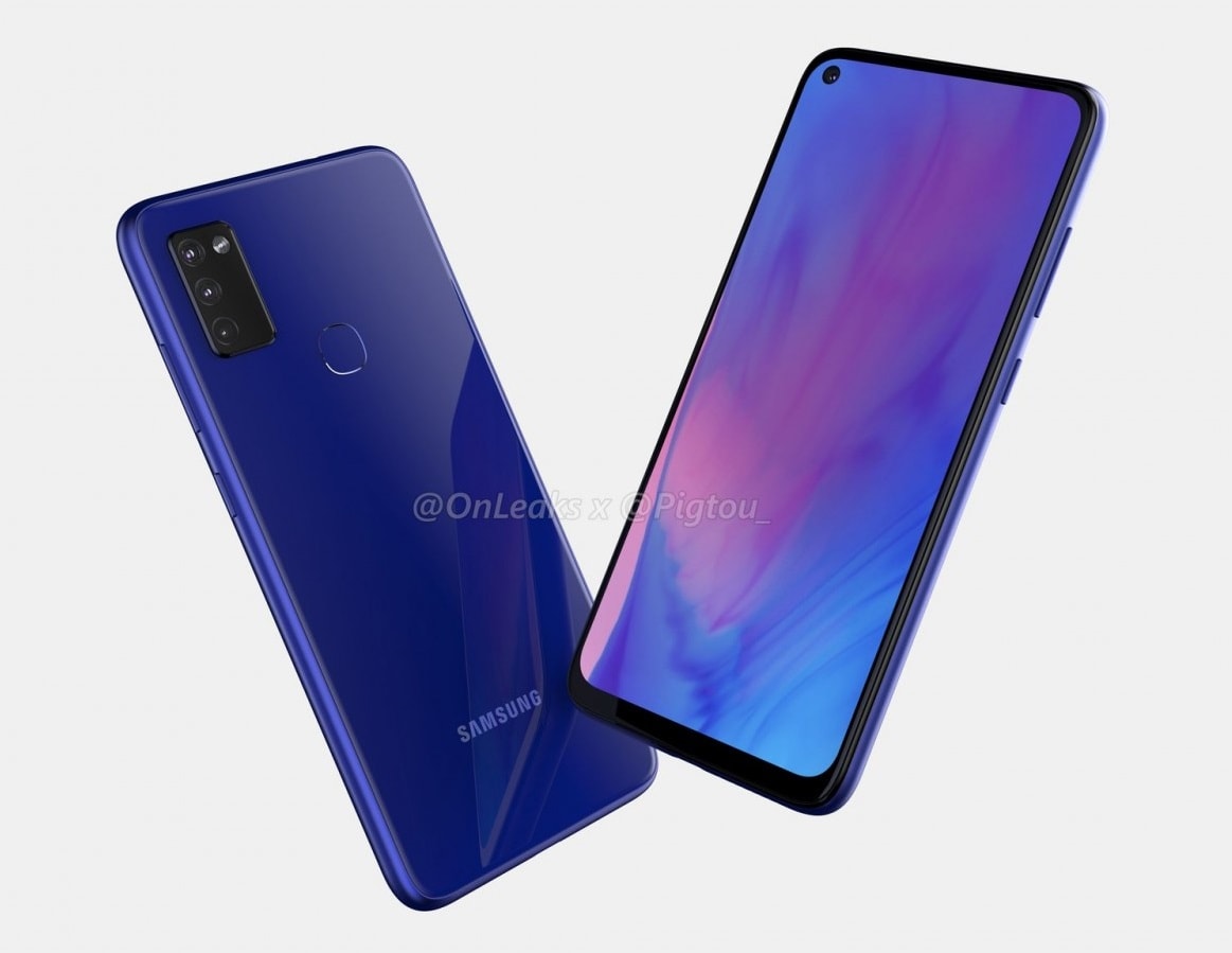 Render filtrado del diseño frontal y dorsal del Samsung Galaxy M51 o Galaxy M41.