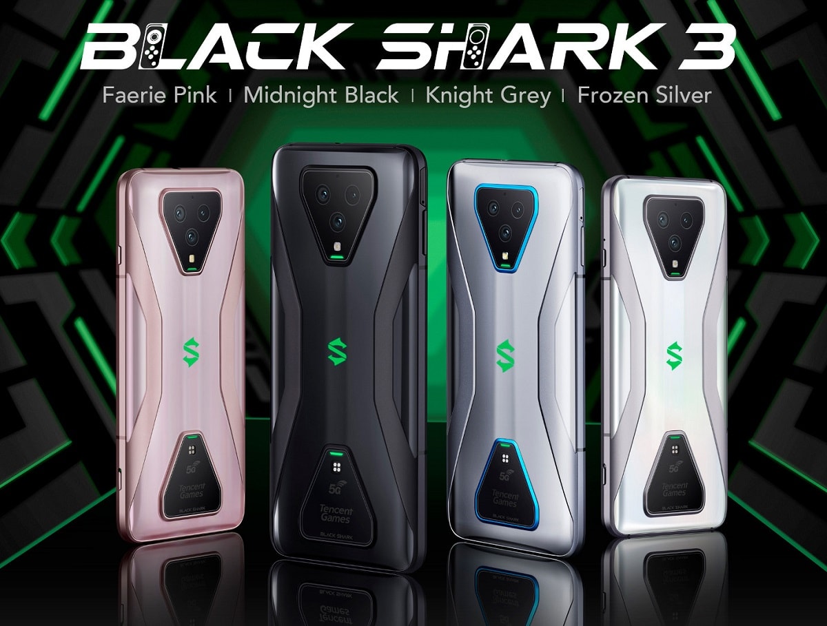 Render oficial del diseño posterior del Xiaomi Black Shark 3 en cuatro colores diferentes.