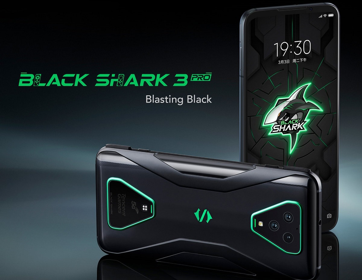 Render oficial ilustrando el diseño frontal y dorsal del Xiaomi Black Shark 3 Pro color Blasting Black.