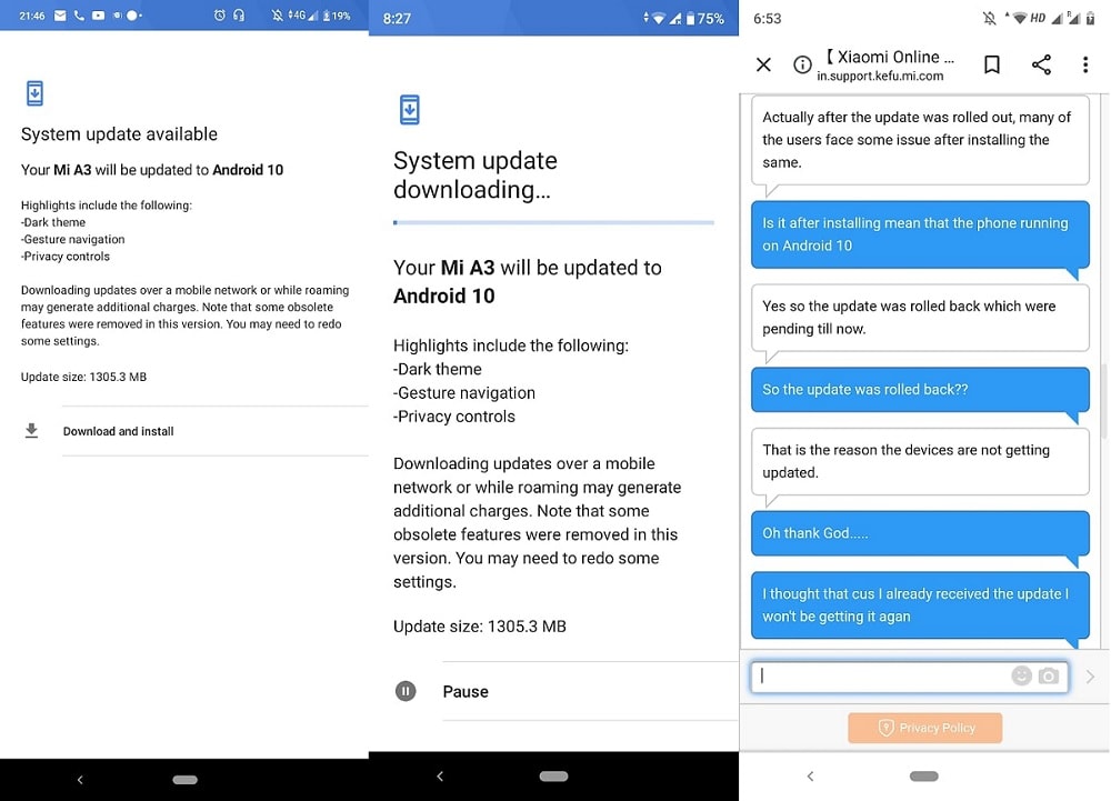 Capturas de pantalla de la actualización a Android 10 del Xiaomi Mi A3.