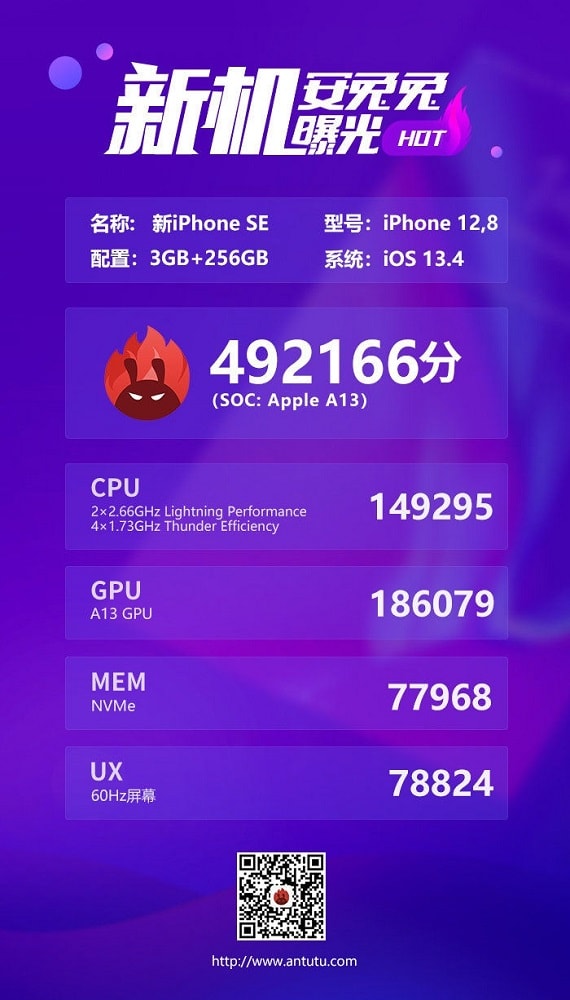 Resultados en AnTuTu del Apple iPhone SE (2020).
