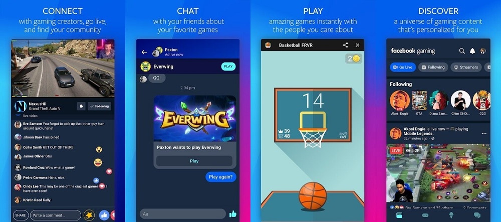 Capturas de pantalla de las opciones de Facebook Gaming para Android.