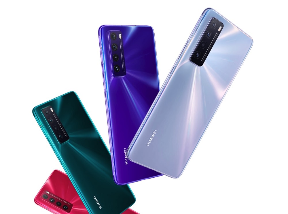 Render oficial del diseño frontal y dorsal del Huawei Nova 7 5G en cuatro colores.
