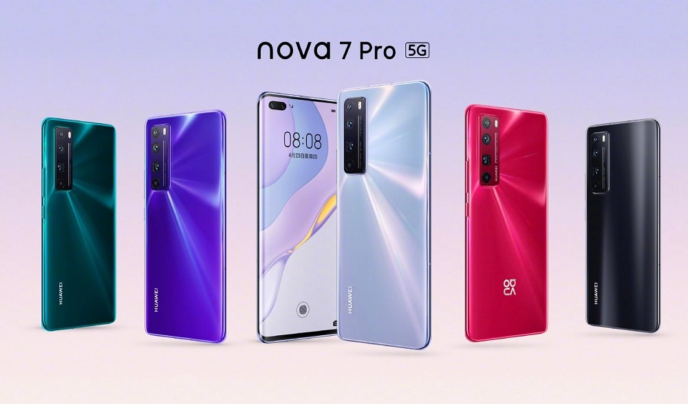 Render oficial del diseño frontal y dorsal del Huawei Nova 7 Pro 5G en cinco colores.
