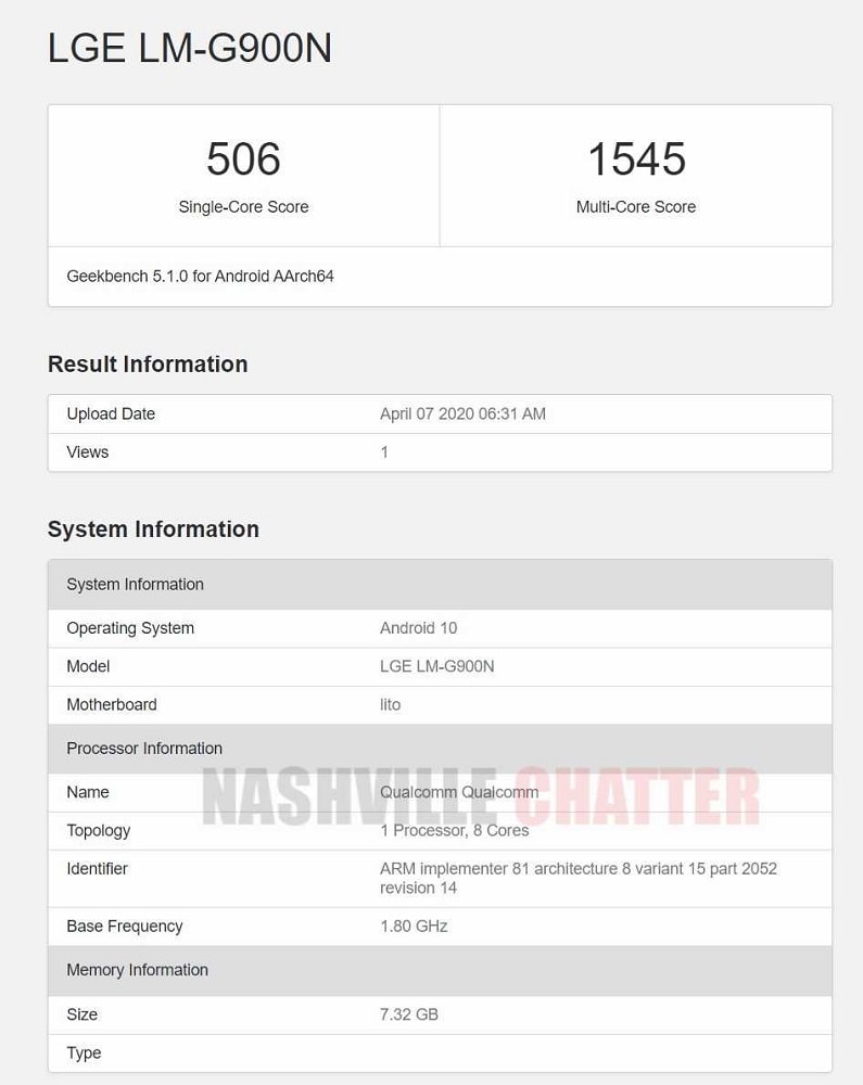 Captura de pantalla de un misterioso smartphone de LG con un chip Qualcomm "Lito".