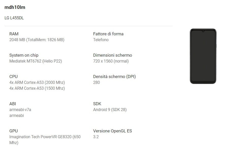 Características del LG Premiere Pro Plus en Google Play Console.