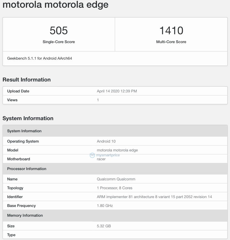 Resultados en Geekbench del Motorola Edge.