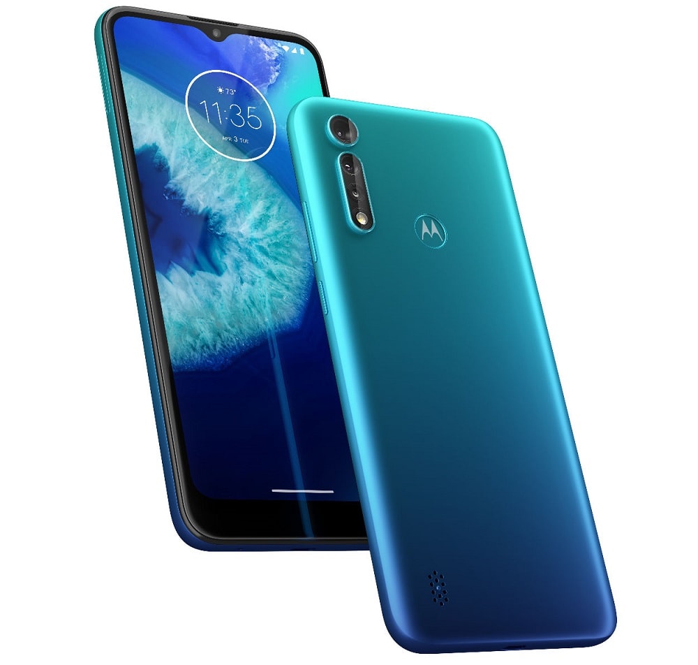 Render oficial del diseño frontal y dorsal del Motorola Moto G8 Power Lite.