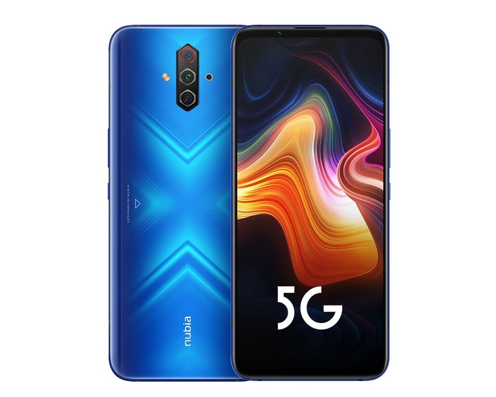 Render oficial del diseño frontal y dorsal del ZTE Nubia Play color azul.