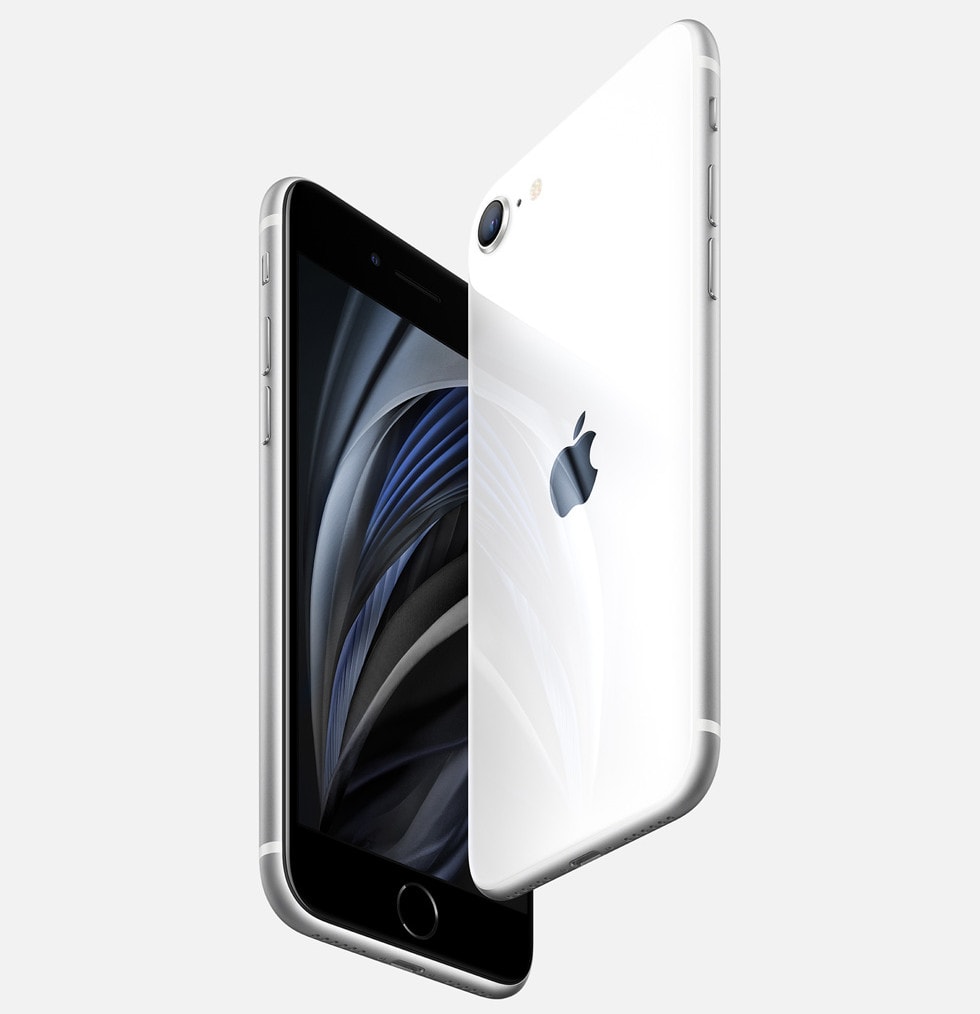 Render oficial del diseño frontal y dorsal del Apple iPhone SE (2020).