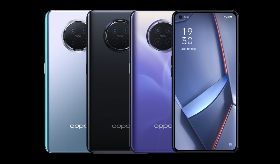 Render oficial del diseño frontal y dorsal del OPPO Ace 2 en tres colores diferentes.