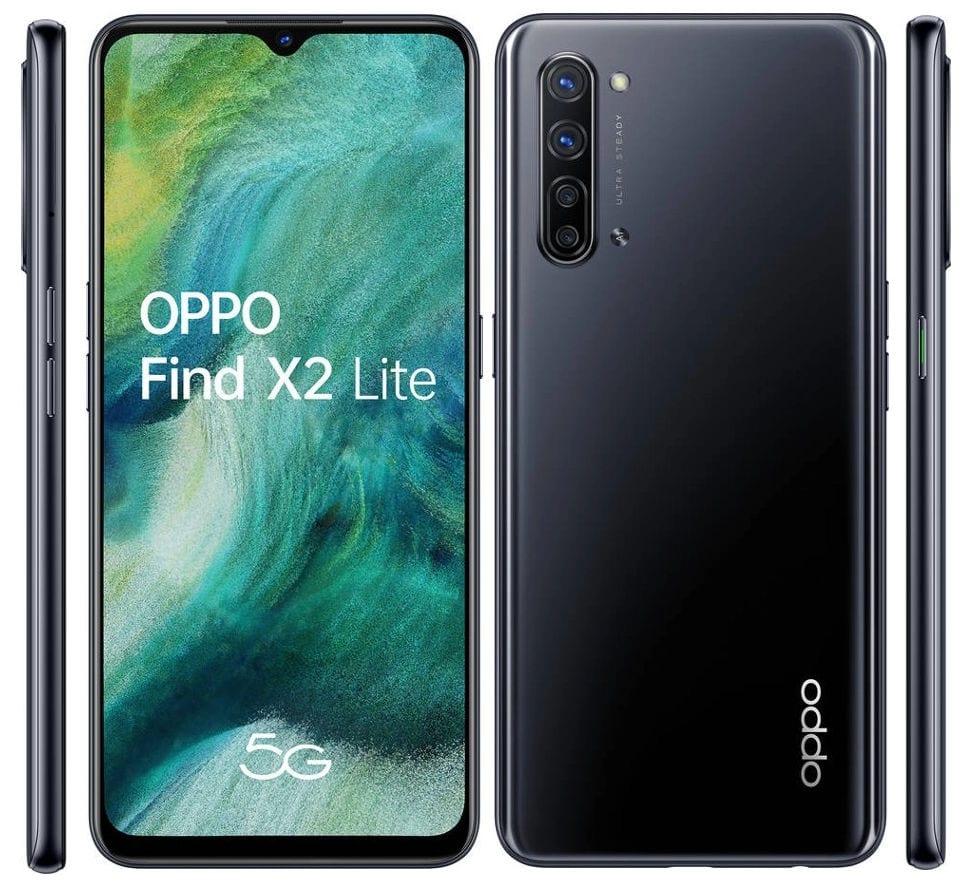 Render filtrado del diseño frontal, dorsal y lateral del OPPO Find X2 Lite.
