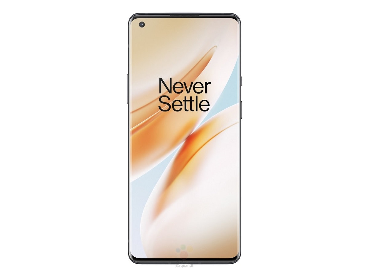 Render filtrado del diseño frontal del OnePlus 8 Pro con cámara incrustada.