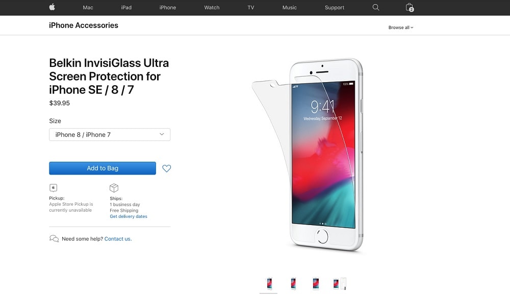 Captura de pantalla de un protector Belkin para iPhone SE (2020) en la Apple Store.