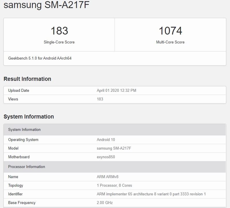 Resultados en Geekbench del Samsung Galaxy A21s.