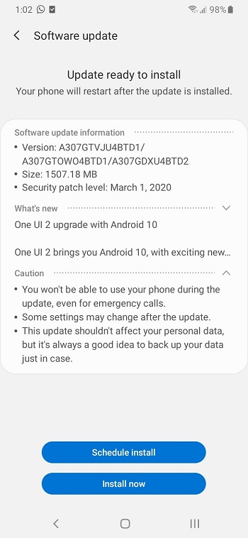 Captura de pantalla de la actualización a Android 10 del Samsung Galaxy A30s.